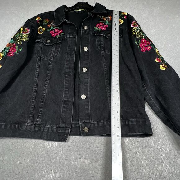 Gianni Bini Jean Jacket Womens Large Black Embroidered Flowered Colorful Bright - Picture 7 of 10